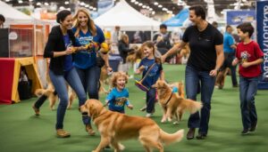 Family playing with a dog